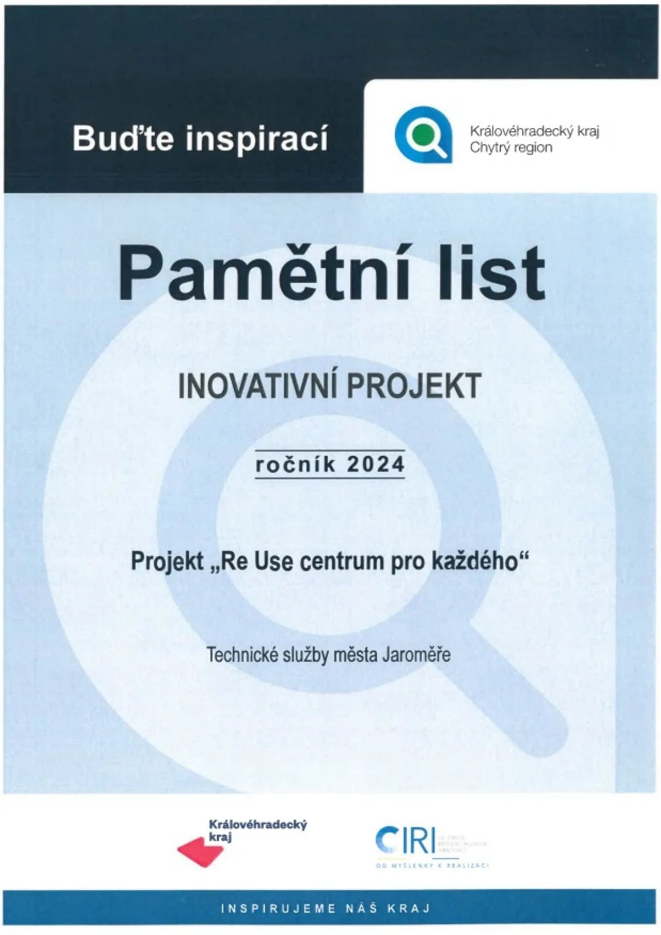 Pamětní list - inovativní projekt 2024 - projekt "ReUse centrum pro každého"