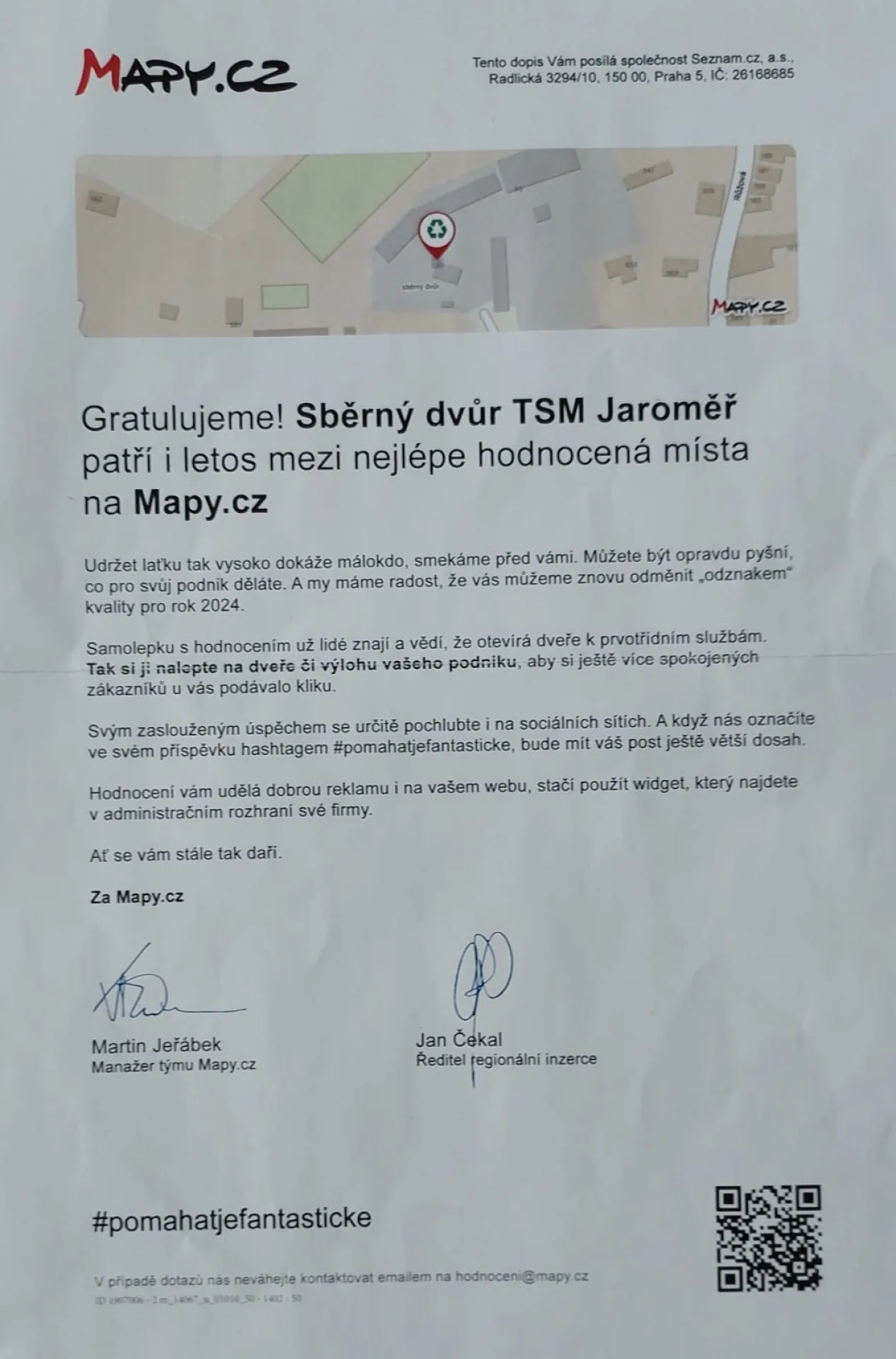 Sběrný dvůr ohodnocen na Mapy.cz