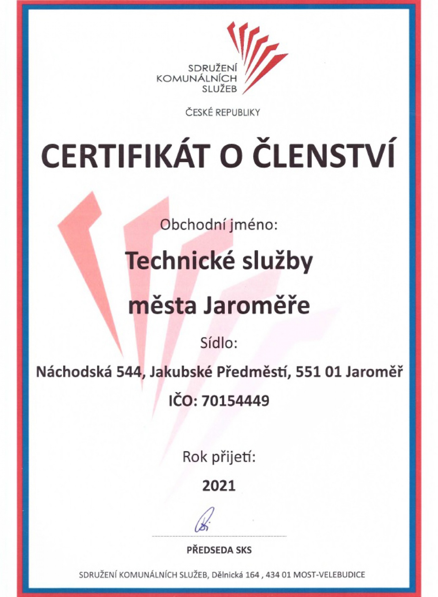 Certifikát členství sdružení komunálních služeb