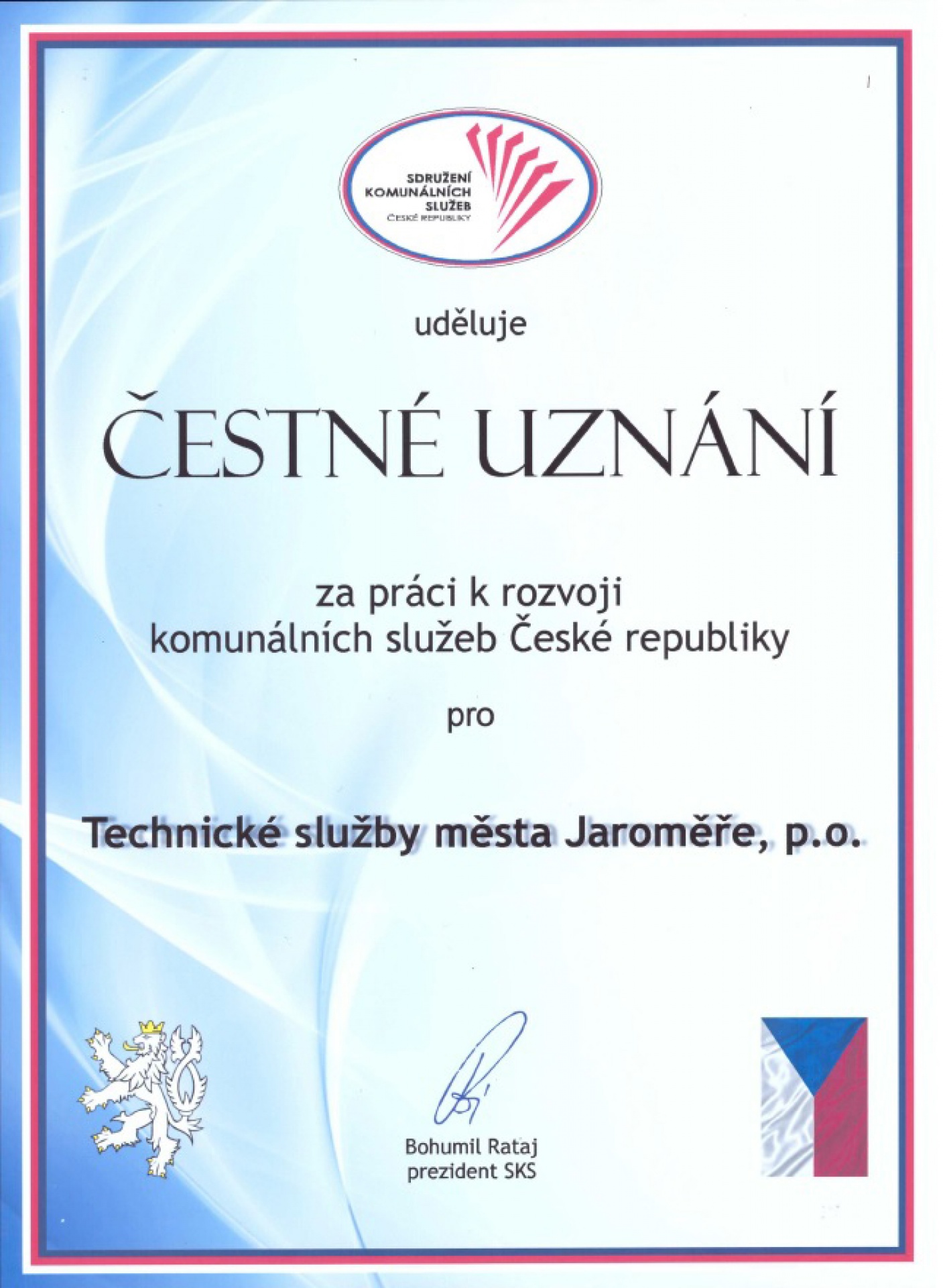 čestné uznání sdružení komunálních služeb